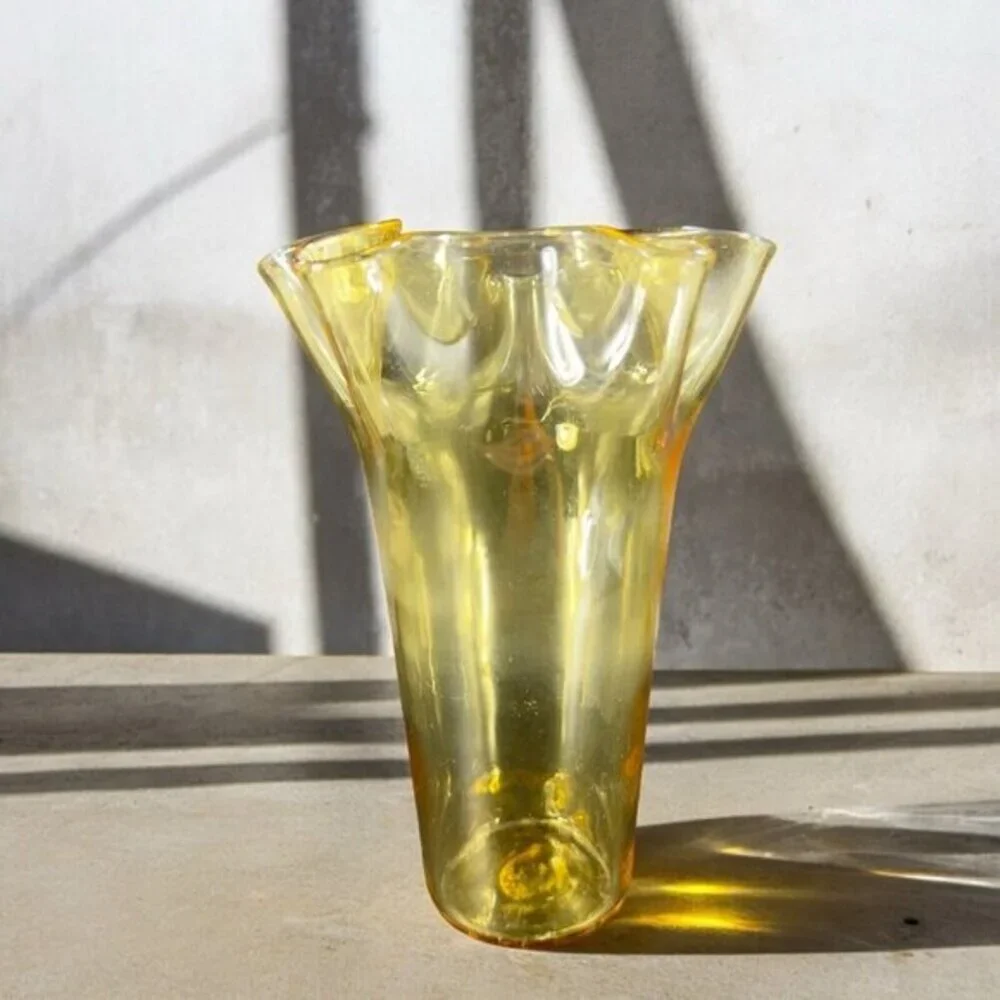 Mid Century Amber Art Glass Vase With Ruffled Top Edges‎ Hand Blown Glass Decor